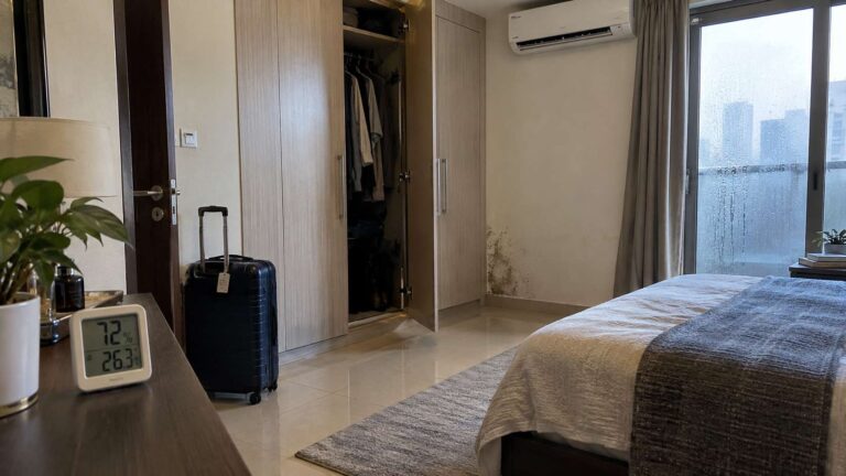 Closed UAE apartment with high humidity and subtle hidden moisture signs after a vacation