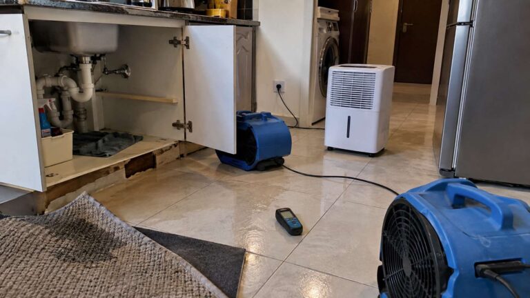Fans, dehumidifier, open cabinets, and exposed wet areas drying after a water leak in a UAE home
