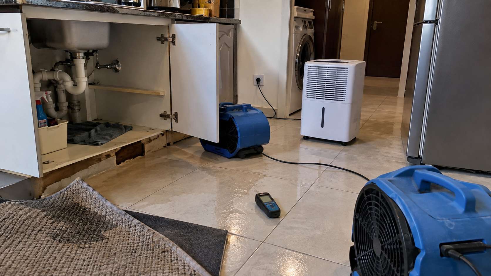Fans, dehumidifier, open cabinets, and exposed wet areas drying after a water leak in a UAE home