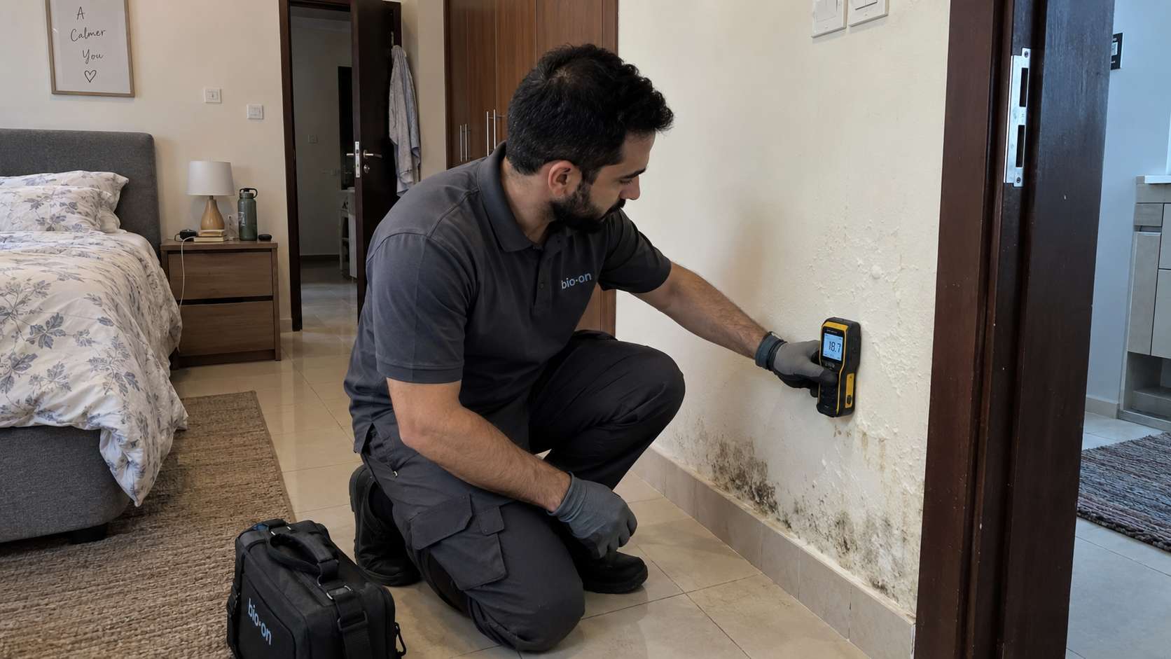 Bio-On mold specialist checking hidden moisture and recurring mold after a plumbing leak has been fixed
