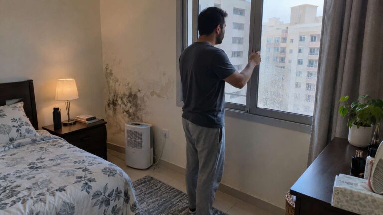 Homeowner checking window condensation and nearby mold growth in a UAE apartment
