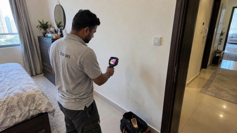 Technician using thermal imaging to detect hidden seepage without breaking a wall in a UAE apartment