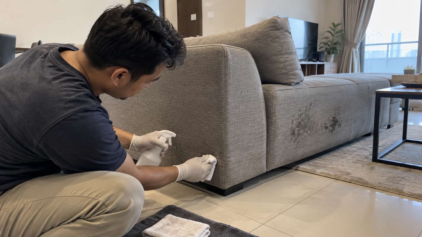 Homeowner testing upholstery cleaner on a hidden section of a fabric couch before treating mold