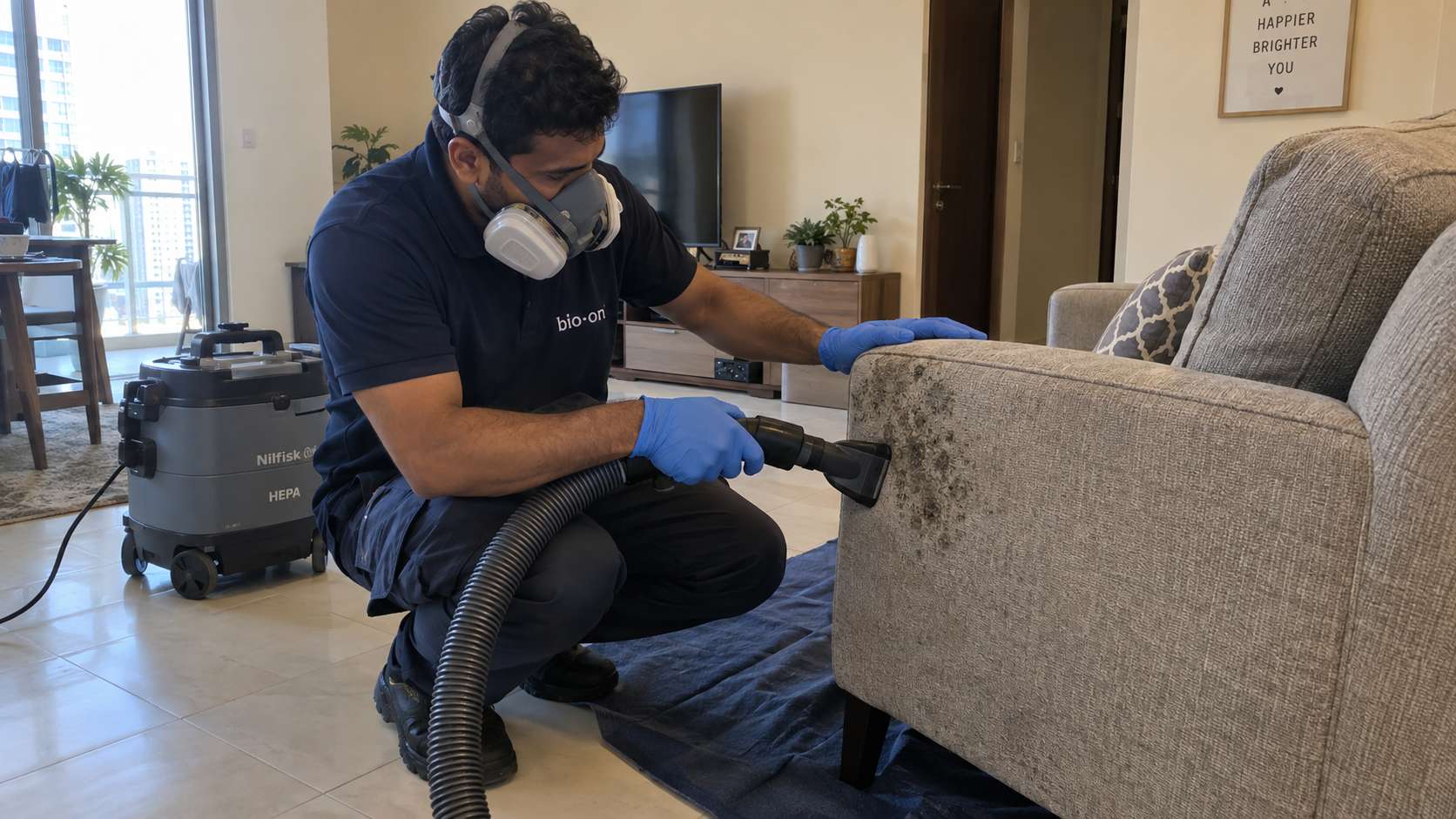 Bio-On technician using a HEPA vacuum to remove surface mold from upholstered furniture in a UAE home