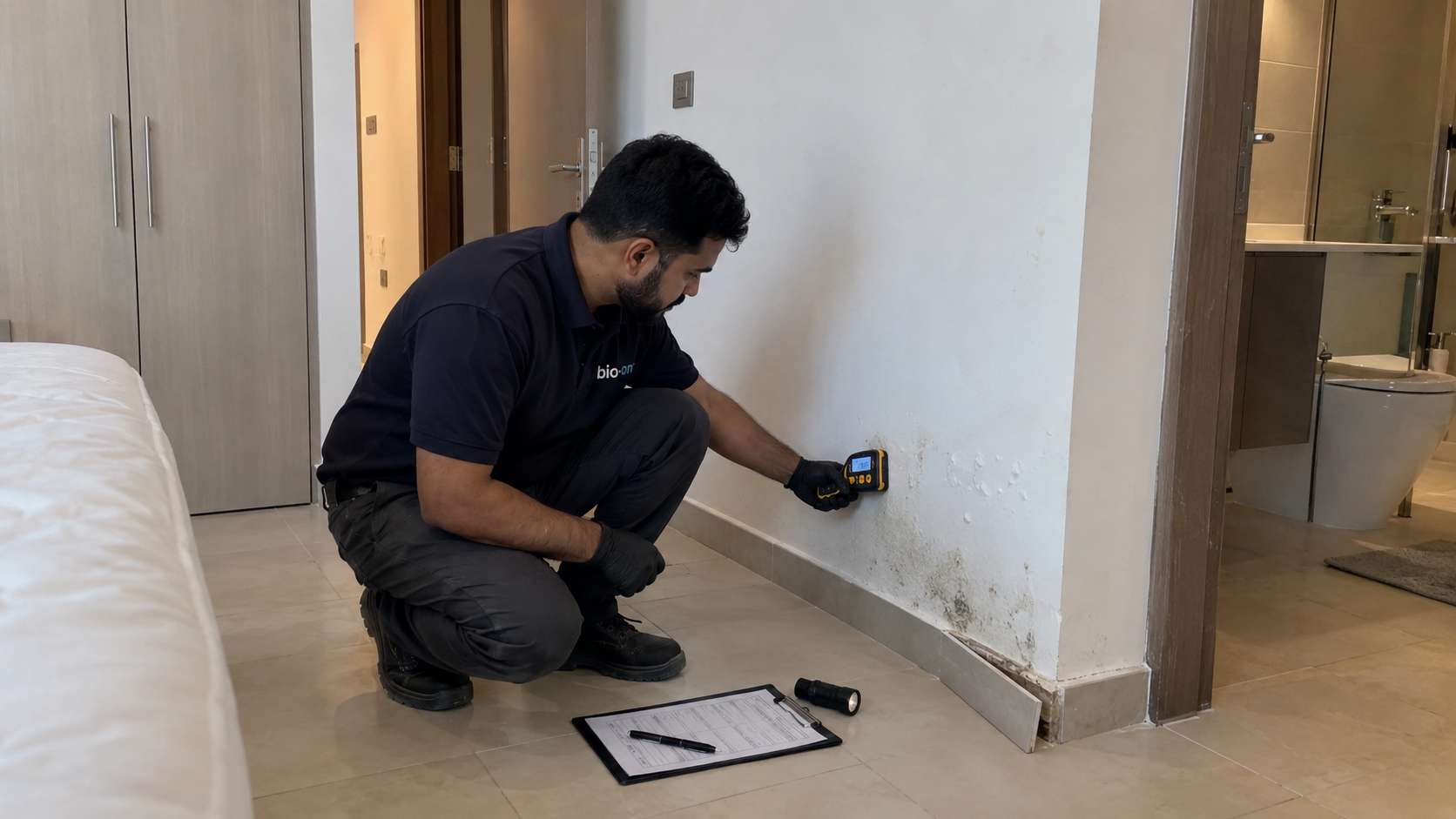 Bio-On technician checking hidden moisture after mold signs were found during snagging inspection in a UAE apartment