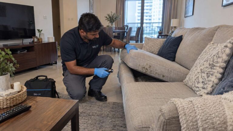 Bio-On technician inspecting mold on an upholstered sofa in a UAE home