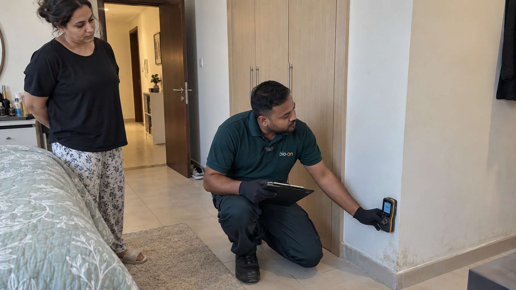 Bio-On specialist checking moisture while a resident observes a structured mold inspection in a UAE apartment