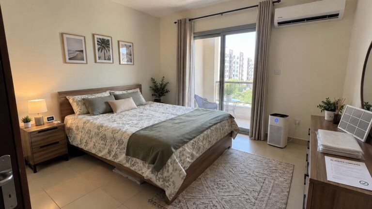 Clean dry UAE bedroom with air purifier and humidity monitor after mold remediation