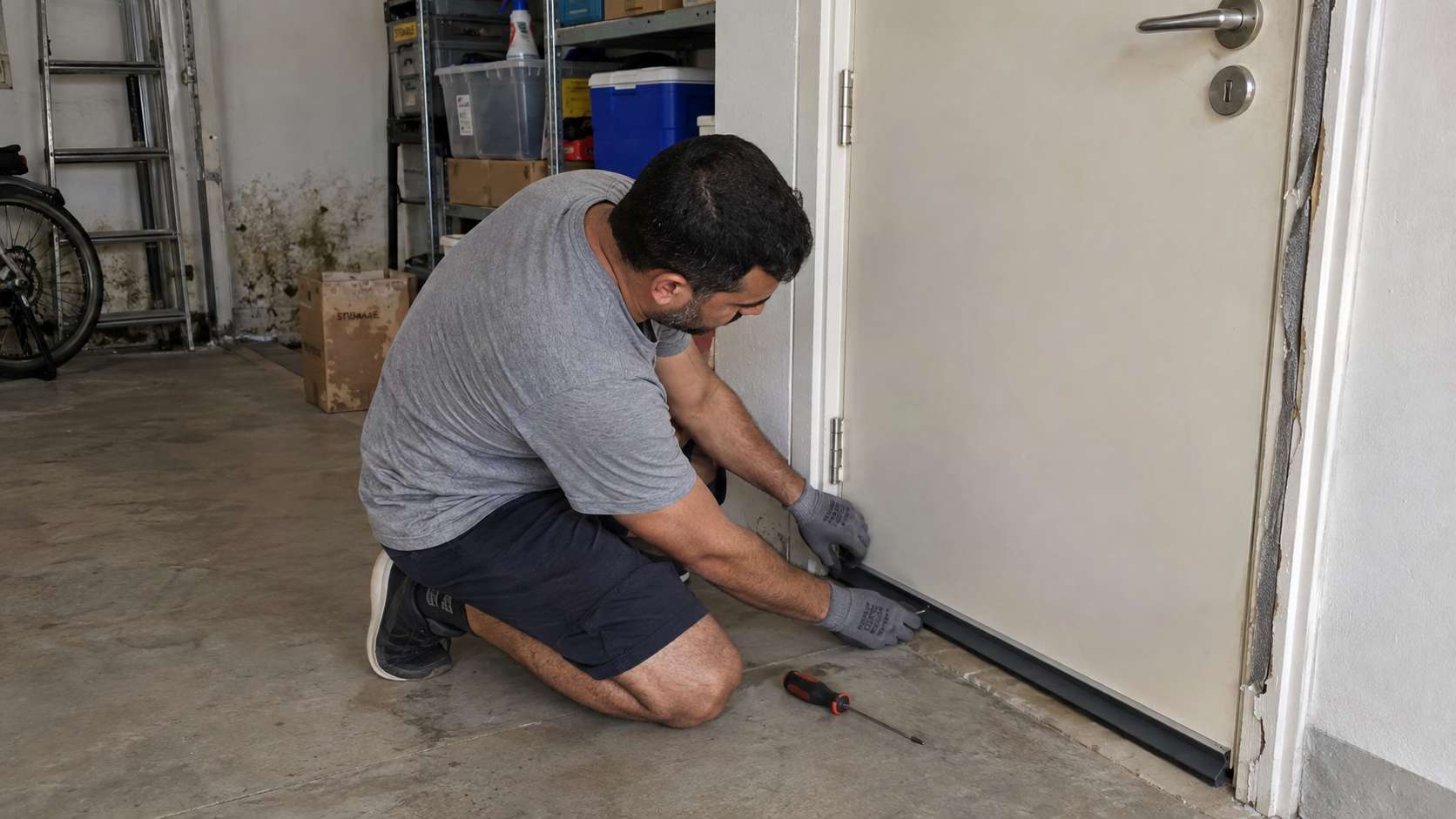 Homeowner installing a door sweep to reduce air transfer from a mold-affected garage into a UAE home