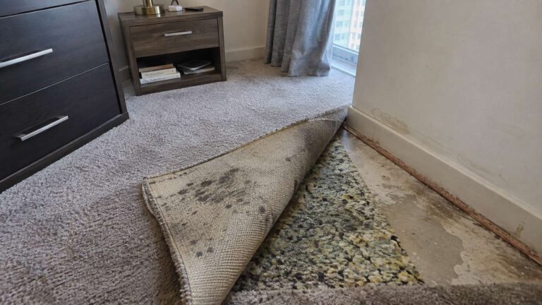 Lifted carpet revealing backing and padding with localized mold and moisture damage in a UAE home