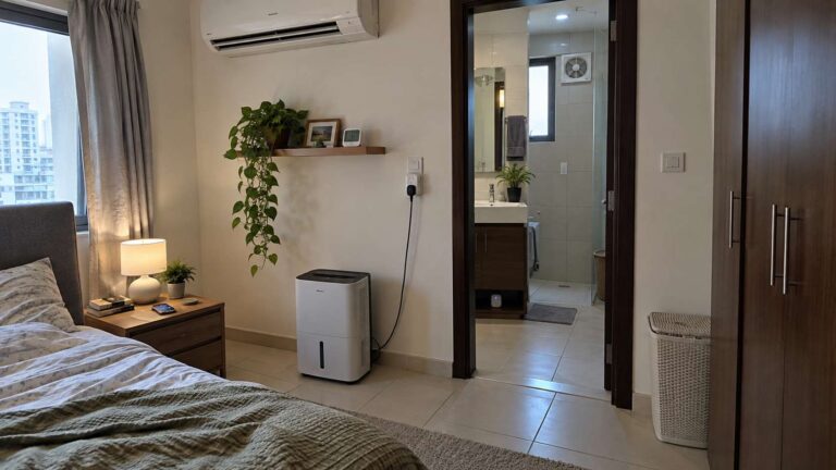 UAE home with humidity sensor, dehumidifier, leak detector, AC, and automated moisture-control devices