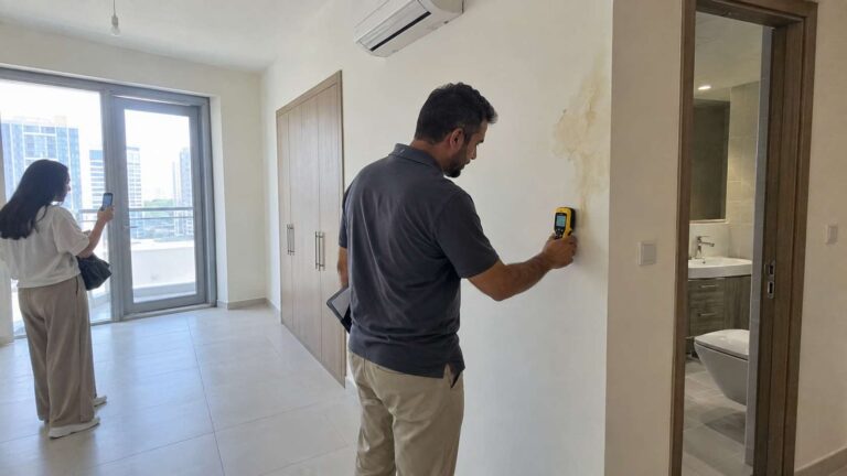 Property inspector checking a moisture-related wall defect during snagging inspection in a new UAE apartment