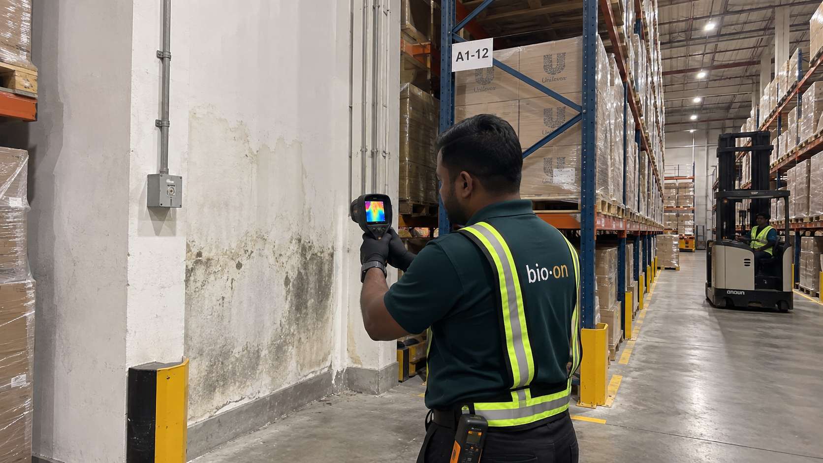 Bio-On technician using thermal imaging to inspect hidden moisture in a UAE warehouse