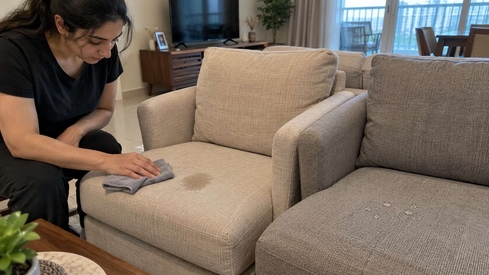 Comparison of tightly woven synthetic sofa fabric and more absorbent natural upholstery after a small spill