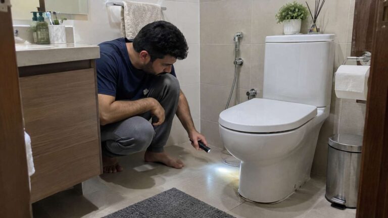 Homeowner inspecting the toilet base for a hidden plumbing problem causing sewage odor in a UAE bathroom