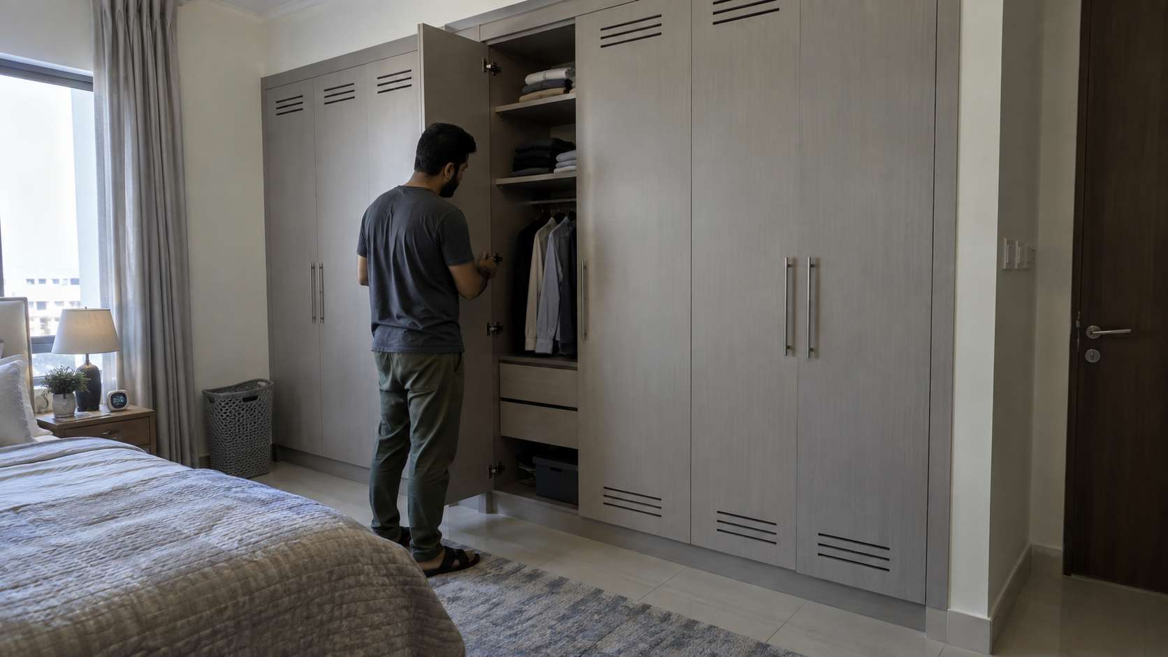 Built-in wardrobe with ventilation gap and moisture-resistant materials in a UAE bedroom