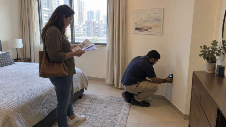 Homebuyer reviewing remediation documents while an inspector checks a restored wall with a moisture meter.