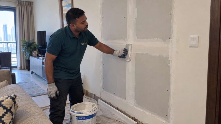 Bio-On technician applying joint compound to newly replaced drywall during wall restoration in a UAE home.