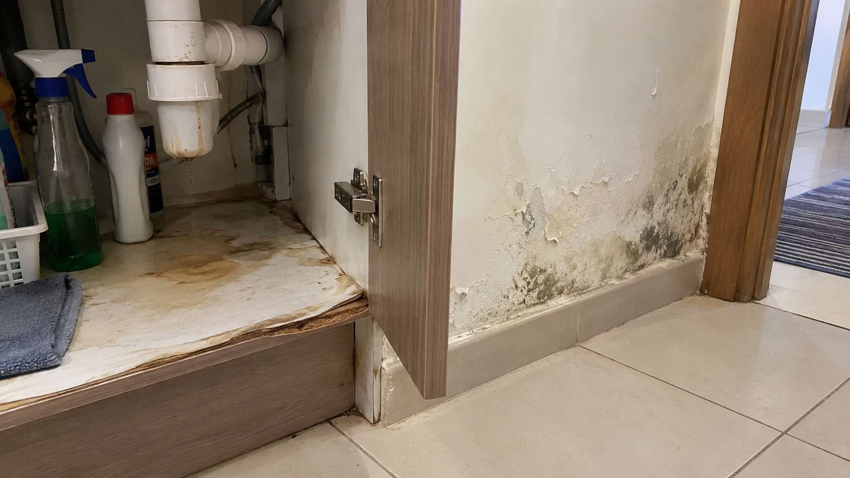 Small hidden water leak causing damp materials, wall damage, and localized mold growth in a UAE home