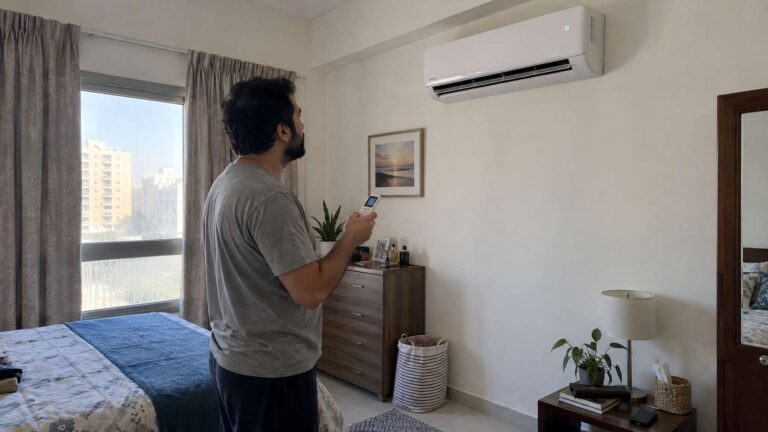 Homeowner using an AC auto-dry or self-cleaning feature in a UAE apartment