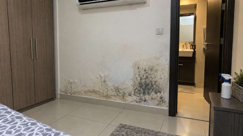 Moisture-damaged drywall opened to reveal hidden mold inside a porous wall in a UAE home