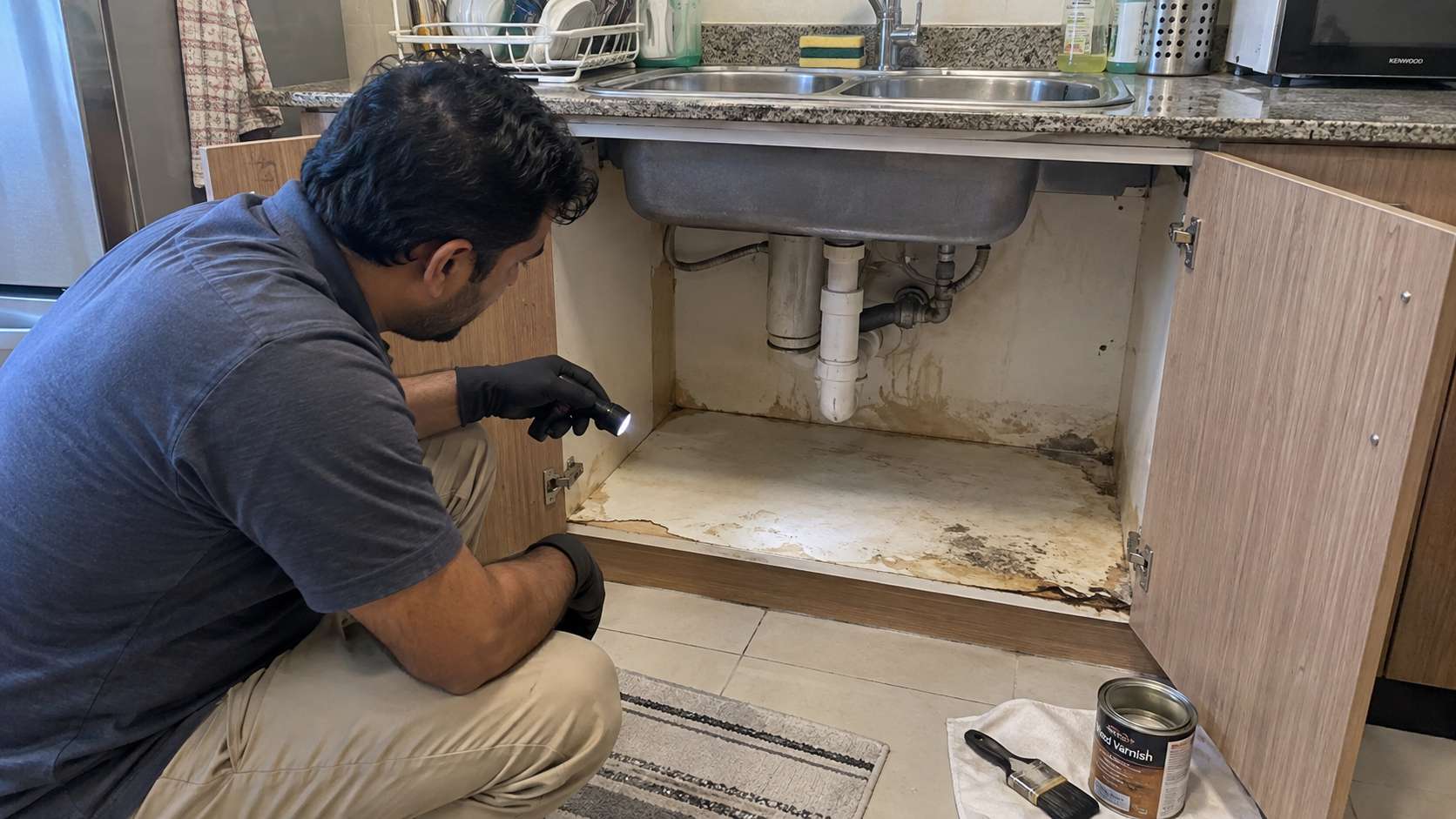 Swollen moldy MDF under a kitchen sink showing why varnish is not enough