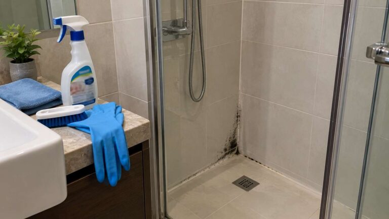 Small black mold stains on bathroom grout beside a mold-cleaning spray in a UAE home