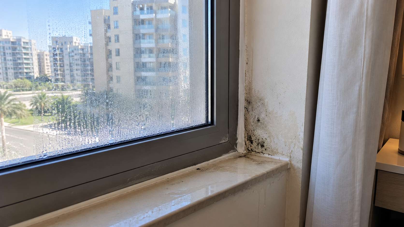 Condensation and returning mold around a recently sealed window frame in a UAE home