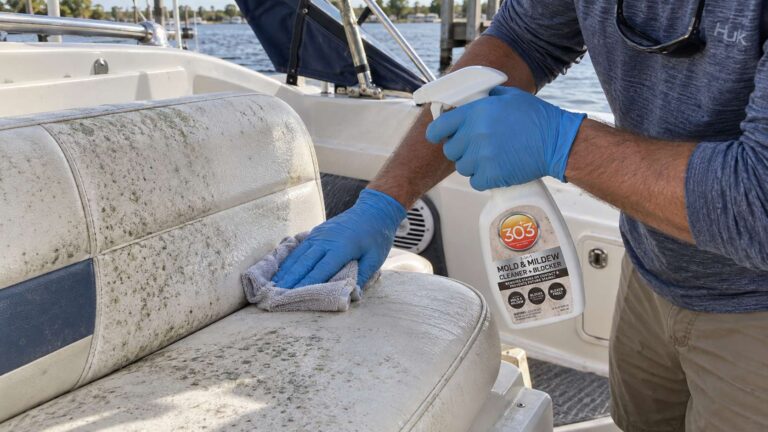 Boat owner cleaning light mildew stains from a vinyl seat with 303 Mold & Mildew Cleaner Blocker.