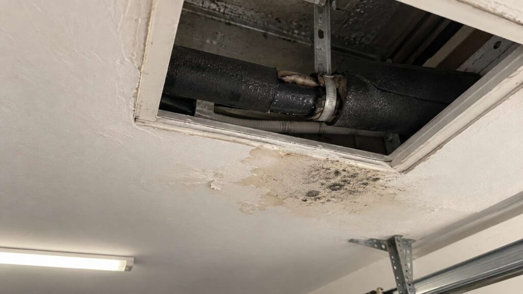 Damp garage ceiling near an AC condensate pipe with localized mold growth.