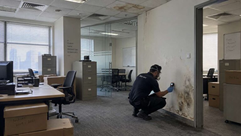 Bio-On technician inspecting moisture damage and mold risks throughout an abandoned UAE office.