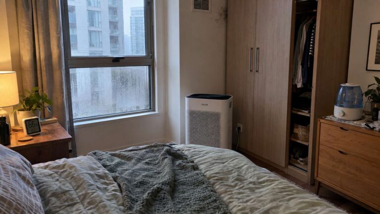 Air purifier and humidifier in a bedroom with high humidity and subtle condensation near the window.