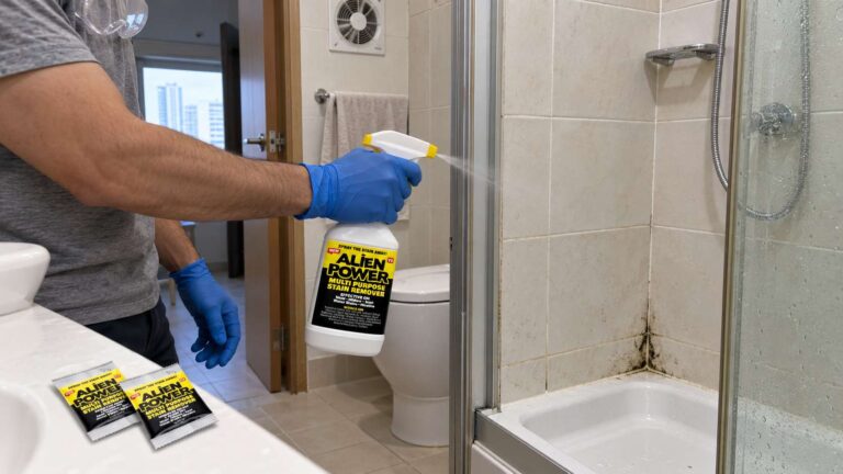 Homeowner using Alien Power Mold Remover on a small bathroom surface stain with gloves and ventilation.