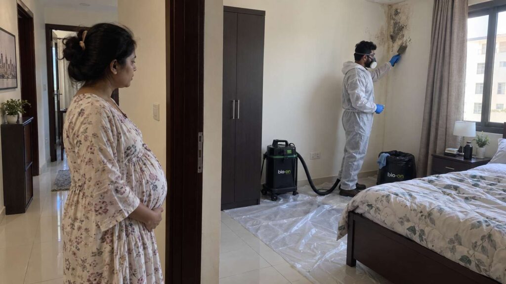 Pregnant woman staying outside a room while a protected worker handles localized mold cleanup.