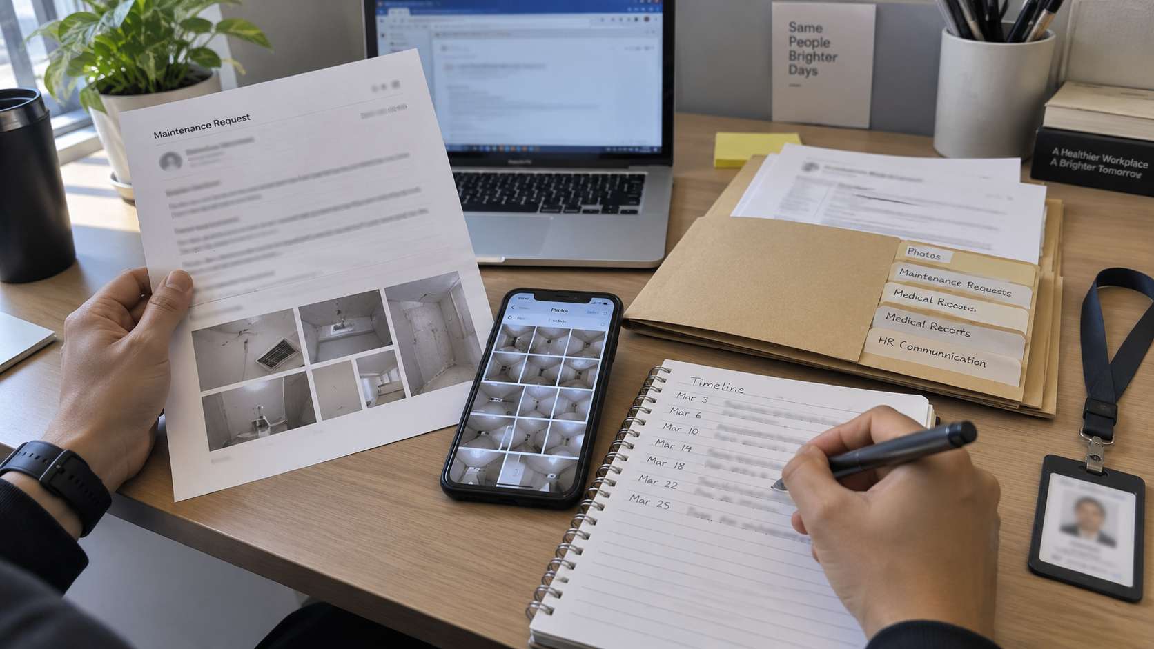 Employee organizing workplace mold photos, written reports, and dated documentation on a desk.