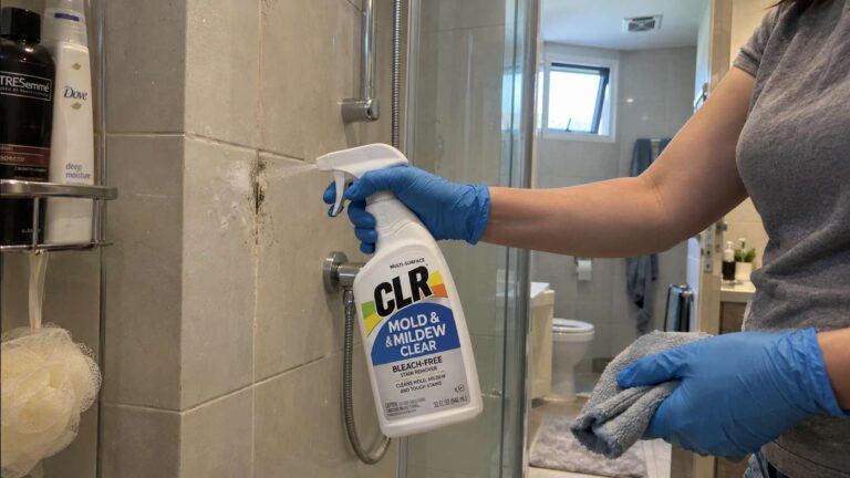 Homeowner using CLR Mold & Mildew Clear on a small surface stain in a UAE bathroom.