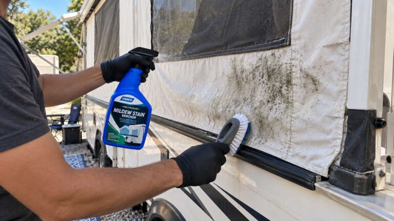 RV owner using Camco 41093 Mildew Stain Remover on visible mildew staining on camper canvas.
