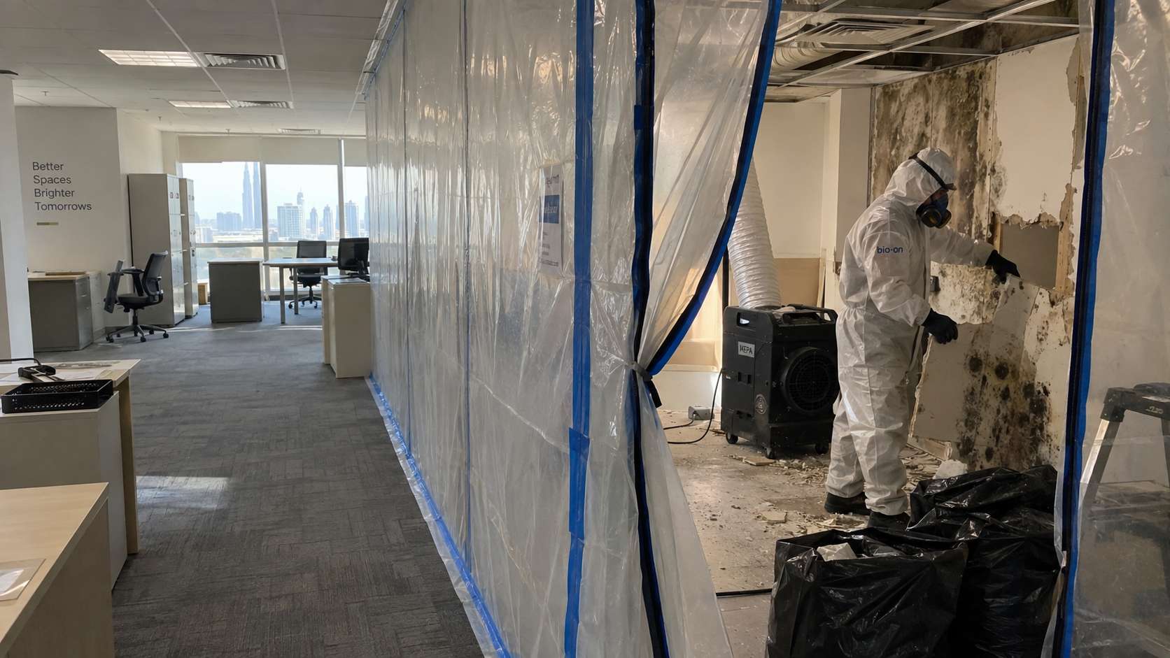 Bio-On technician removing mold-damaged material inside a contained abandoned office work zone.