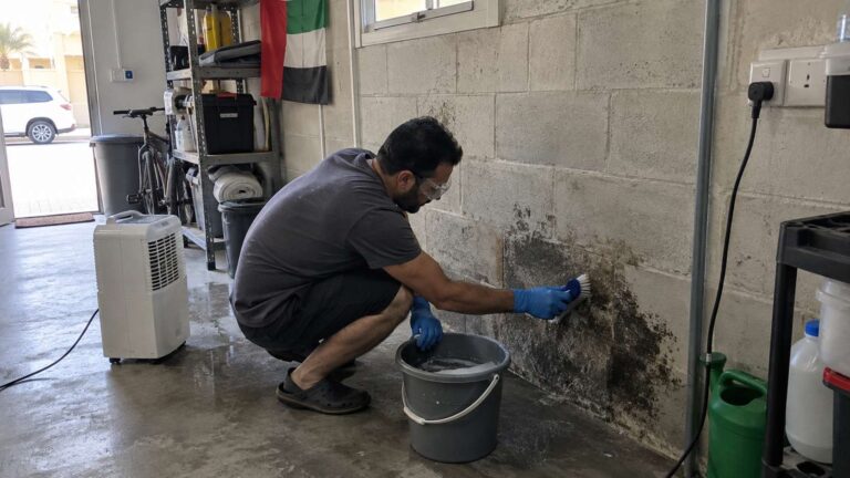 Homeowner scrubbing a small mold patch from a damp concrete wall with a stiff brush.