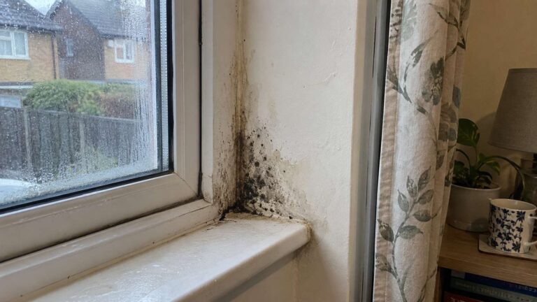 Dark mold growth around a damp window corner with condensation inside a home.