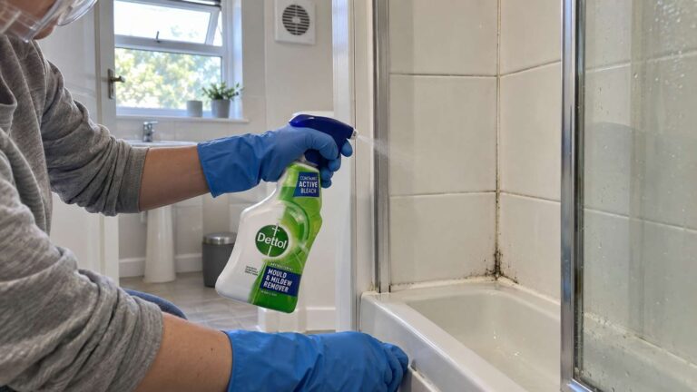 Homeowner applying Dettol Mould & Mildew Remover to black mould staining around shower grout and silicone.