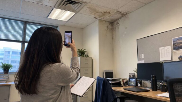 Employee photographing visible mold and water damage inside an office workplace.