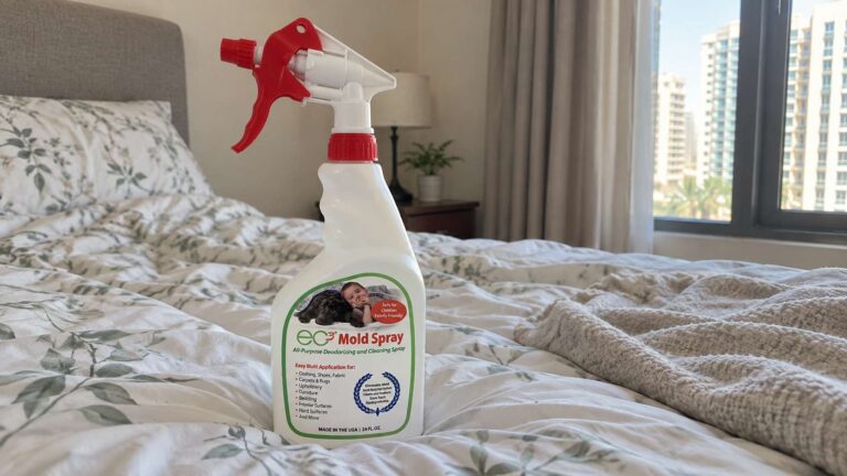 Homeowner using EC3 Mold Solution Spray on a household fabric item in a UAE apartment.