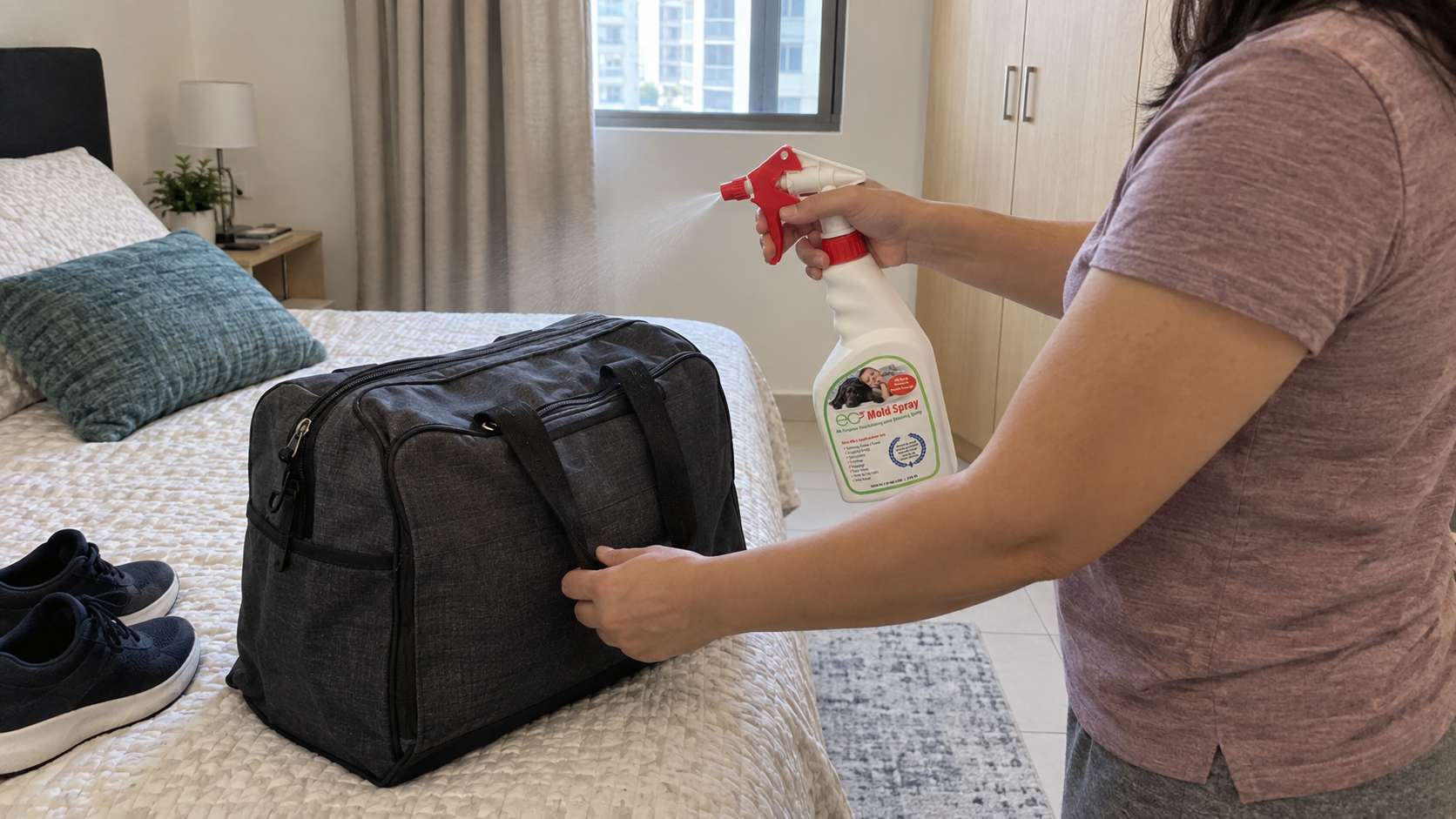 Homeowner applying EC3 Mold Solution Spray to a fabric travel bag with shoes and soft furnishings nearby.