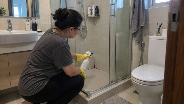 Homeowner spraying a small mold-stained grout area in a ventilated bathroom.