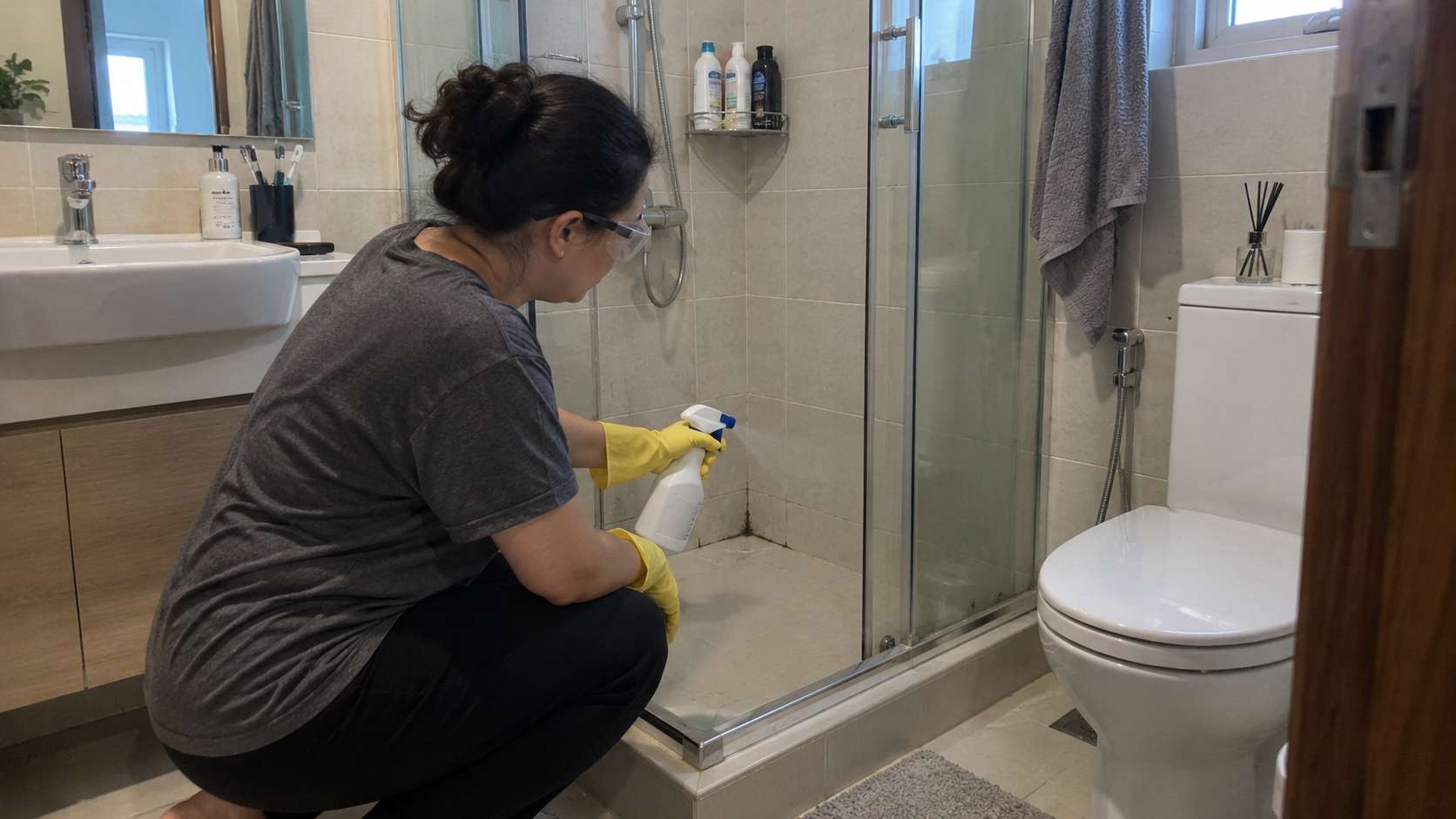 Homeowner spraying a small mold-stained grout area in a ventilated bathroom.