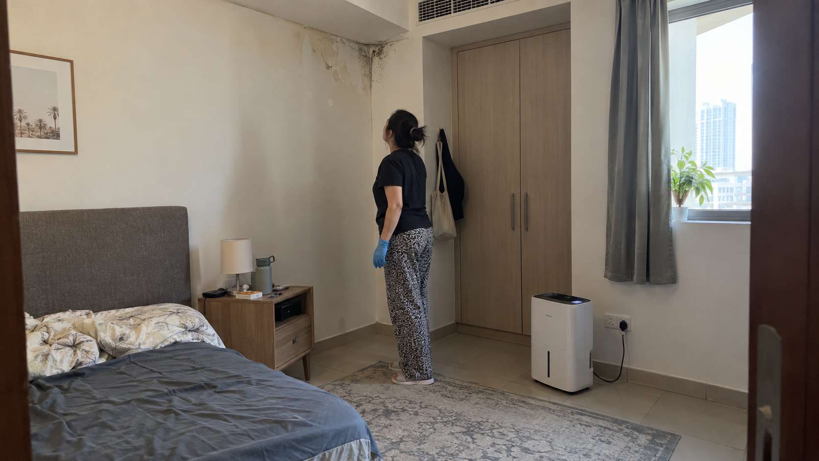 Property owner checking a damp mold-spotted bedroom wall with a dehumidifier nearby.