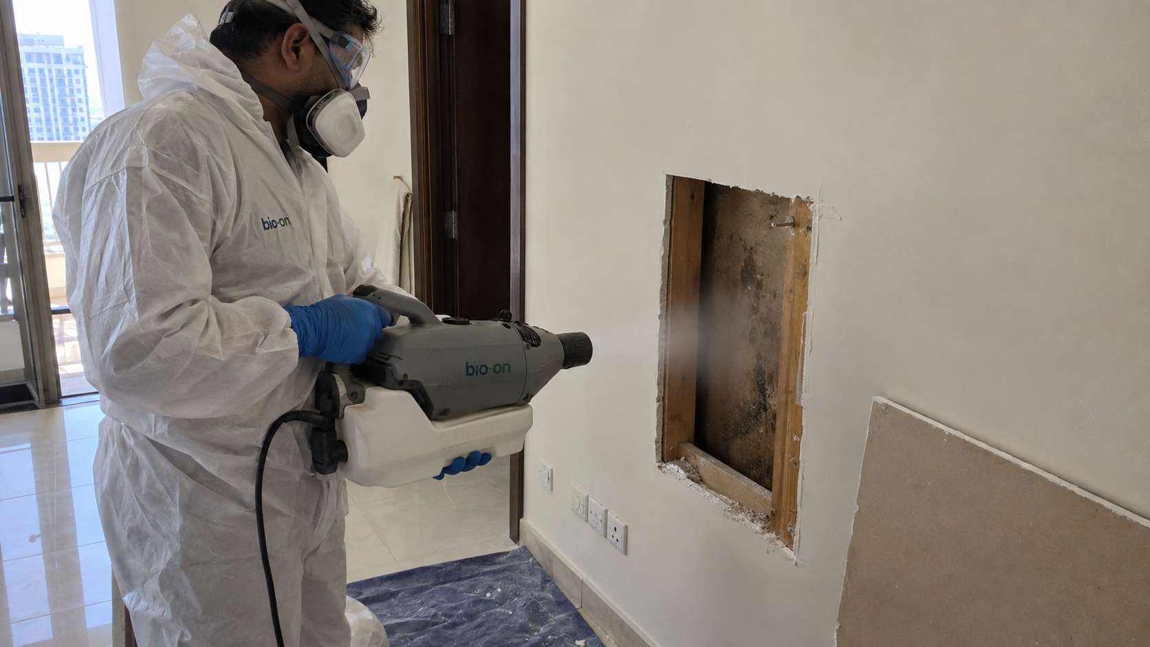 Technician fogging an exposed wall cavity beside intact drywall during mold remediation.