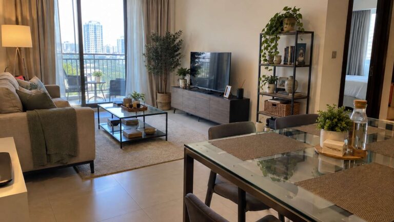 UAE home interior with metal, glass, laminate, and moisture-resistant upholstered furniture.