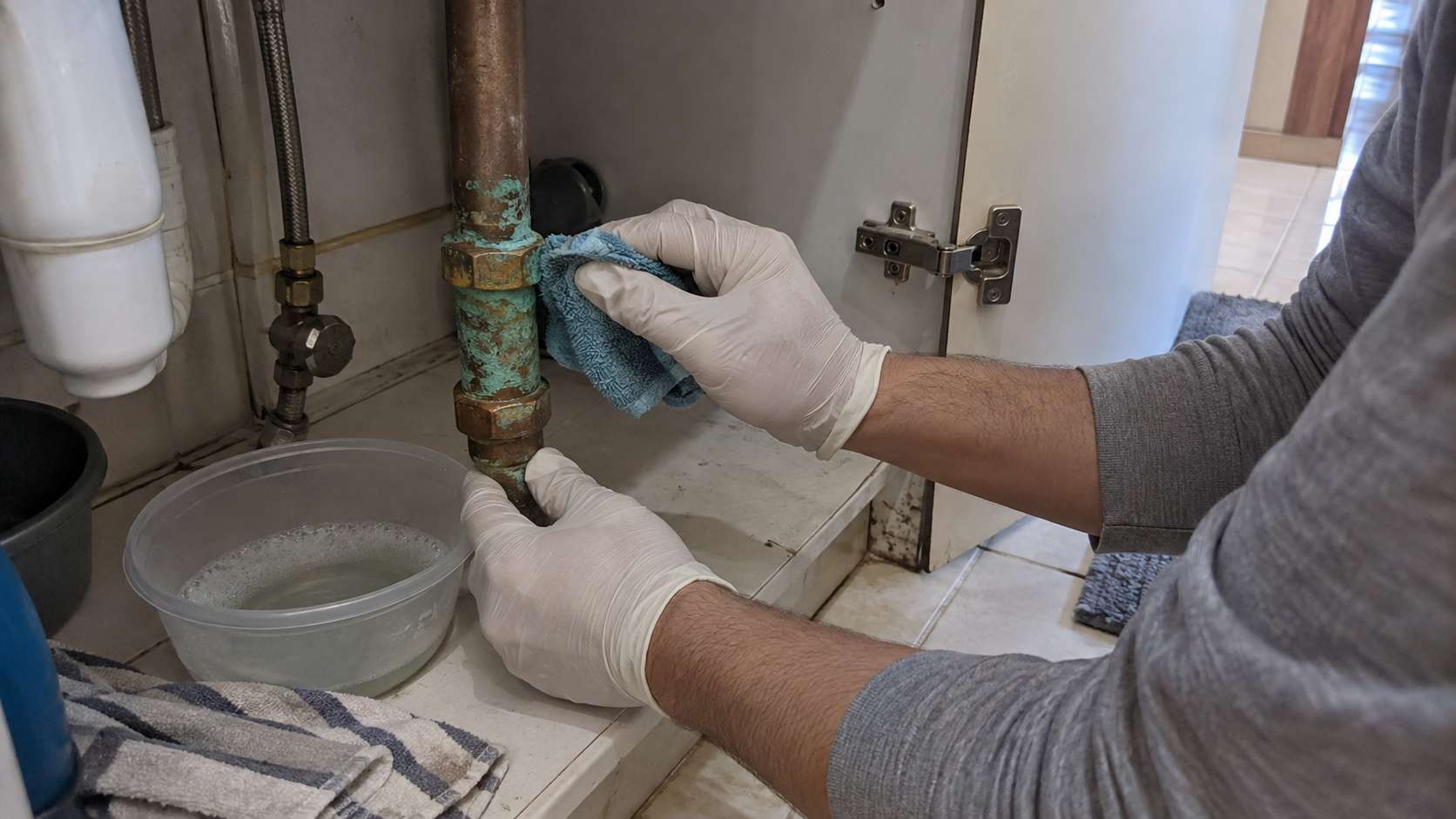 Homeowner gently cleaning green corrosion from a copper pipe with a soft cloth.